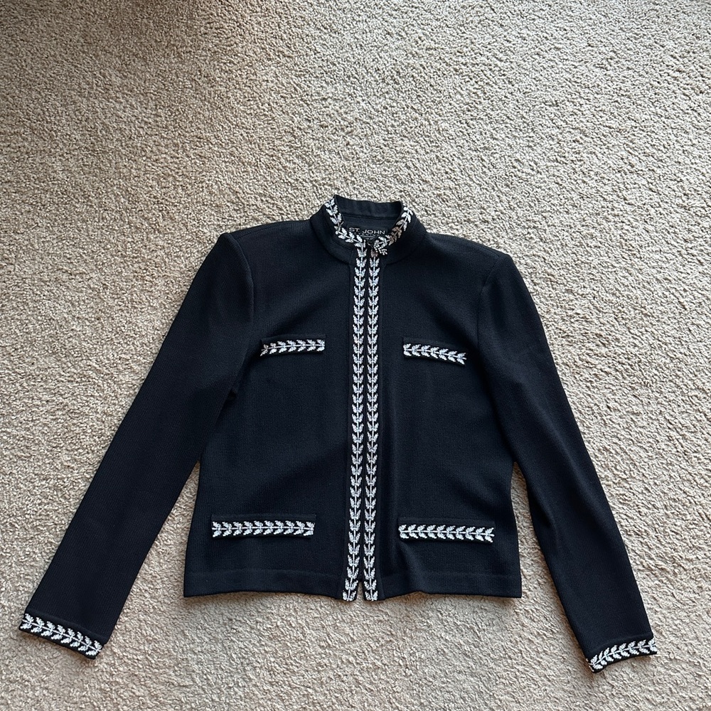 St. John Evening Black Jacket w/ White Crystal Trim NWOT condition